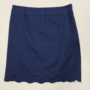 Talbots‎ Navy Blue Embroidered Scallop Hem Skirt Size 2 Side Zip Lined Stretch